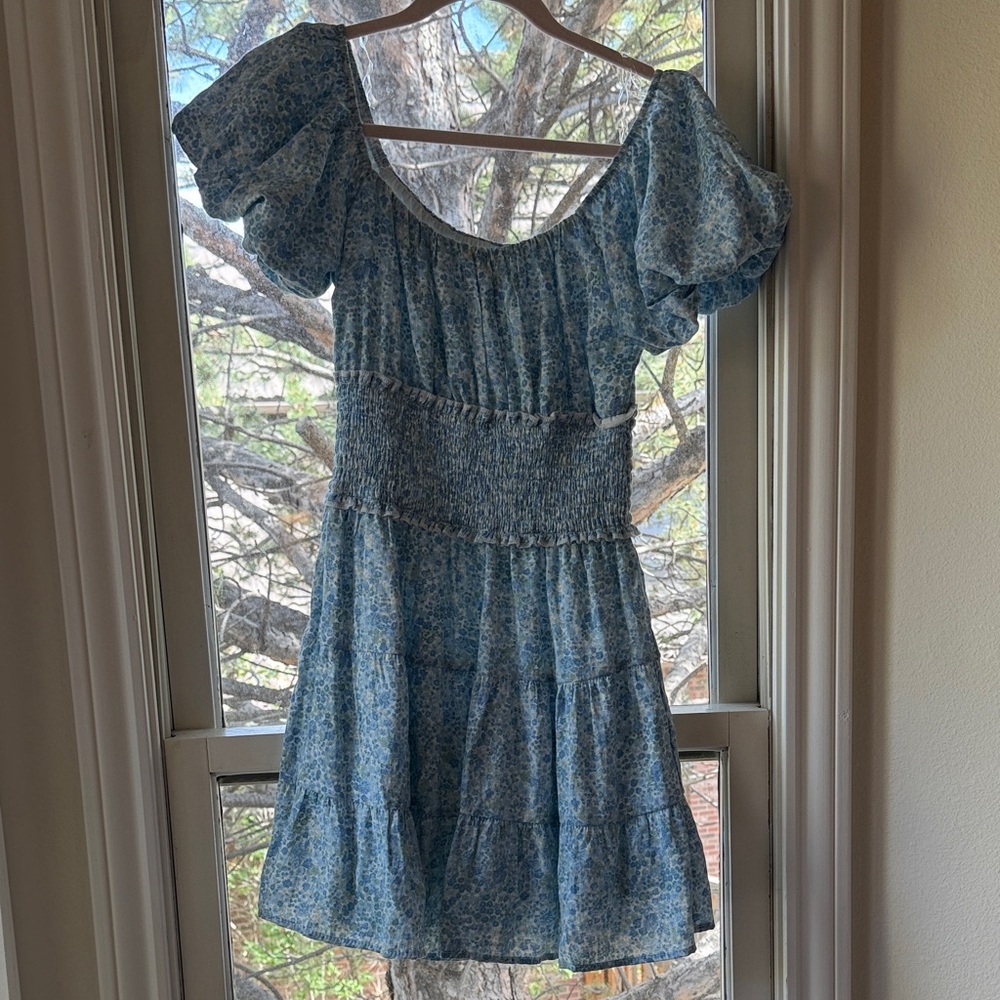 Altar'd State Blue Floral Puff-Sleeve Mini Dress